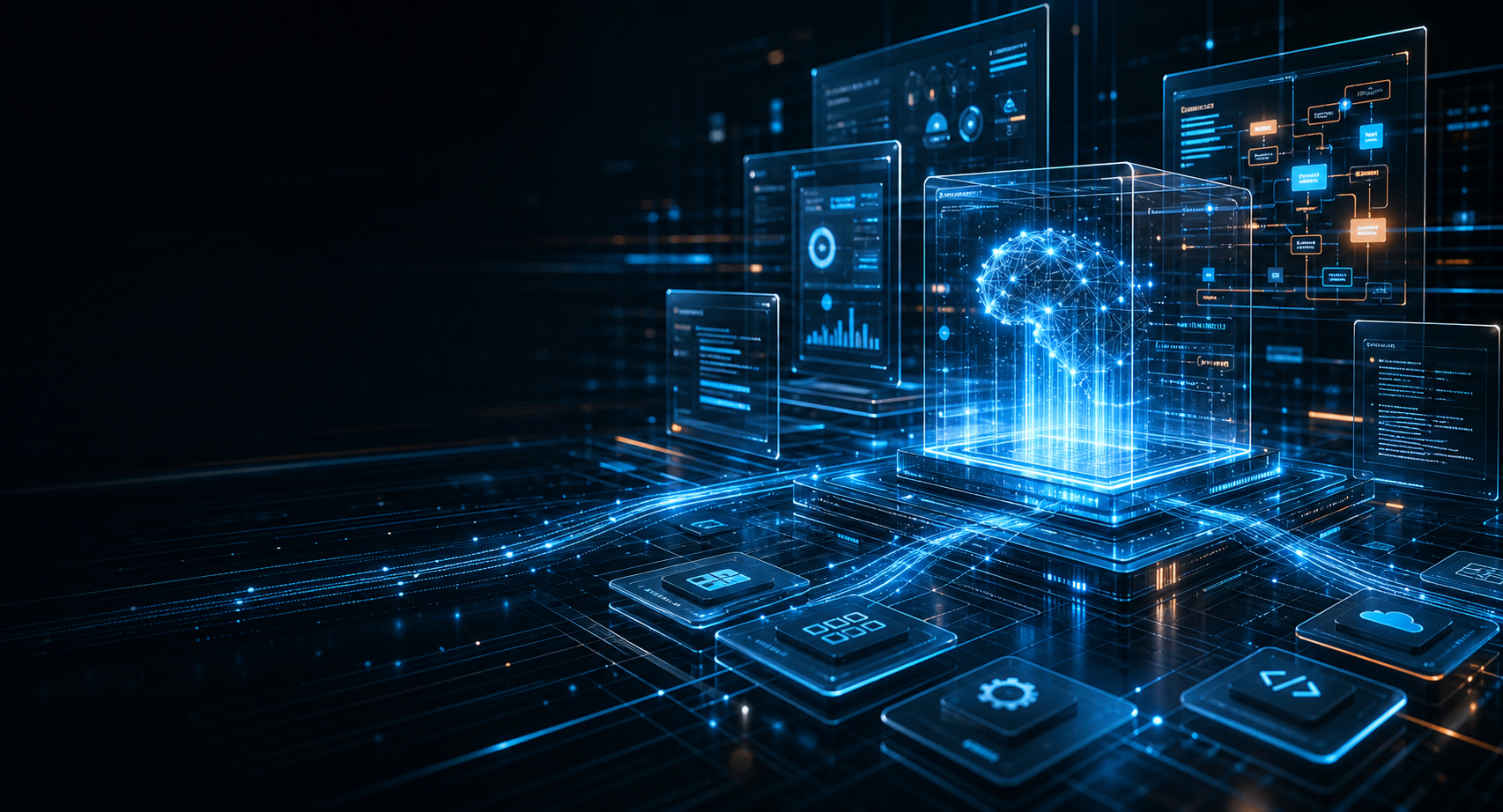 AI 软件交付中枢、产品界面、云端系统和数据流组成的科技视觉